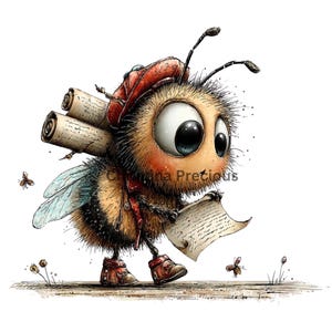 May include: A whimsical illustration of a bee wearing a red hat and boots, carrying scrolls and reading a paper. The bee has large eyes and a fuzzy body with black and yellow stripes. Two small bees and some grass are also visible.