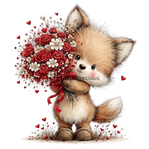 Può includere: Un simpatico volpe dei cartoni animati tiene in mano un bouquet di rose rosse e fiori bianchi legato con un nastro rosso. Piccoli cuori rossi circondano la volpe. L'immagine è in stile acquerello.