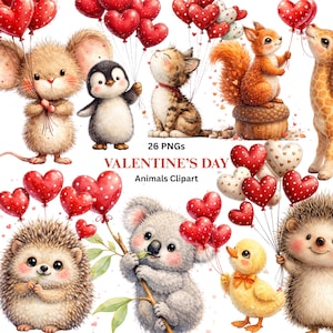 Può includere: Una collezione di clipart di animali per San Valentino. L'immagine presenta vari animali carini, tra cui un topo, un pinguino, un gatto, uno scoiattolo, una giraffa, un riccio, un koala e un'anatra, ognuno con palloncini a forma di cuore. Il testo recita "VALENTINE'S DAY Animals Clipart".