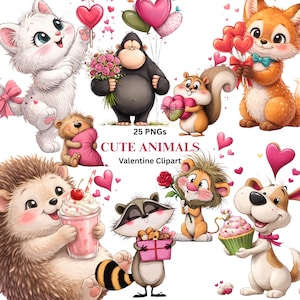 Clipart di animali di San Valentino: 25 stravaganti PNG ad acquerello (download digitale)