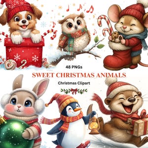Può includere: Una collezione di clipart natalizie ad acquerello con adorabili animali. Include un cucciolo, un gufo, un topo, un coniglio, un pinguino e una lontra, tutti con abiti invernali festivi. Il testo recita "Sweet Christmas Animals" e "Christmas Clipart".