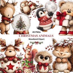 Pode incluir: Uma coleção de ilustrações de animais de Natal caprichosas, incluindo um veado, corujas, um pinguim, um ursinho de pelúcia, um esquilo e uma rena. A imagem apresenta um globo de neve e caixas de presente, com o texto "CHRISTMAS ANIMALS Woodland Clipart".