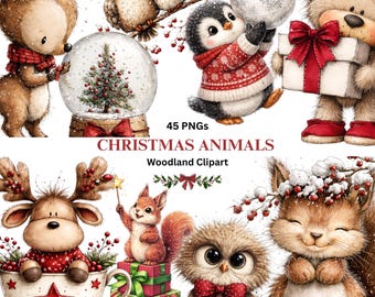 Wunderliche Weihnachtstiere Clipart: Aquarell PNG Grafiken (Digital Download)