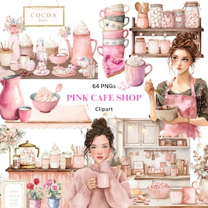 Pink Cafe Shop, Coffee Clipart Set – Whimsical Watercolor Graphics (64 transparent PNGs Digital Download)