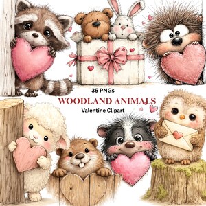 Clipart di animali romantici del bosco di San Valentino in formato PNG: grafica acquerello stravagante (download digitale - 35 PNG)