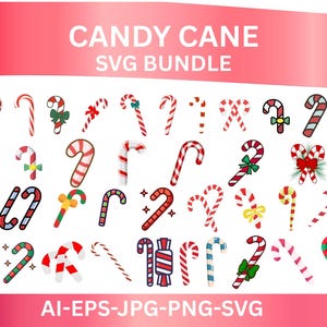 Puede incluir: Una colección de diseños de bastones de caramelo en varios estilos, colores y patrones. La imagen incluye bastones a rayas rojas y blancas, algunos con lazos y otros adornos. El texto en la parte superior dice "CANDY CANE SVG BUNDLE" y en la parte inferior "AI-EPS-JPG-PNG-SVG".