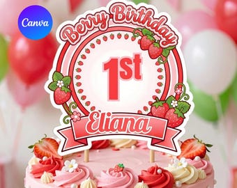 Décoration de gâteau d'anniversaire aux fraises, nom et âge modifiables, décoration de fête baies, téléchargement immédiat, modèle de toile imprimable, baies en premier