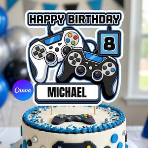 Gamer Birthday Cake Topper, Editable Name and Age, Video Game Party Decor, Instant Download, Printable Canva Template, Controller
