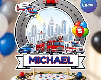 Décoration de gâteau de véhicule d'urgence, fête d'anniversaire d'ambulance de camion de pompiers de police imprimable, décoration de garçons de thème de sauvetage, téléchargement numérique de nom personnalisé