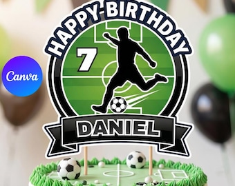 Décoration de gâteau d'anniversaire football, nom et âge modifiables, décoration de fête de star du football, téléchargement immédiat, modèle de toile imprimable, football