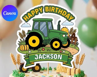 Décoration de gâteau d'anniversaire tracteur, nom et âge modifiables, décoration de fête à la ferme, téléchargement immédiat, modèle de toile imprimable, tracteur de basse-cour
