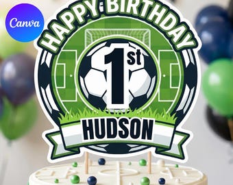 Décoration de gâteau pour 1er anniversaire de football, nom et âge modifiables, décoration de fête de football, téléchargement immédiat, modèle de toile imprimable, sport