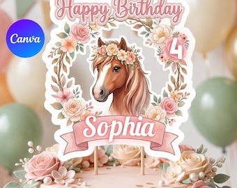 Décoration de gâteau d'anniversaire cheval, nom et âge modifiables, décoration florale de fête poney, téléchargement immédiat, modèle de toile imprimable, cheval fille