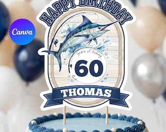 Décoration de gâteau d'anniversaire pêche, nom et âge modifiables, décoration années de pêche, téléchargement immédiat, modèle de toile imprimable, marlin