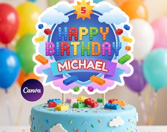 Décoration de gâteau d'anniversaire brique, thème bloc de construction, prénom personnalisé âge (téléchargement numérique)