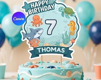 Décoration de gâteau d'anniversaire sous la mer, nom et âge modifiables, décoration de fête océan, téléchargement immédiat, modèle de toile imprimable, requin