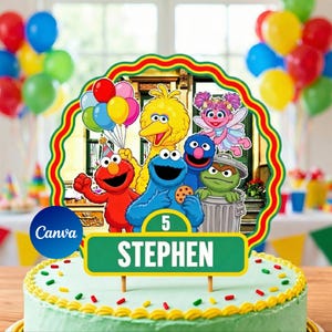 Puede incluir: Una tarta de cumpleaños con glaseado verde y borde amarillo, decorada con personajes de Barrio Sésamo. La decoración presenta a Elmo, Cookie Monster, Big Bird y otros, con el nombre "STEPHEN" en un letrero verde.