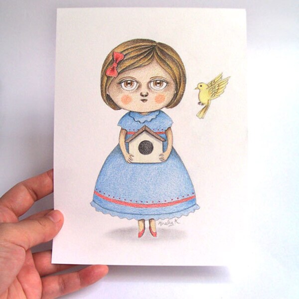 Original Illustration (Drawing) - Fly Home Birdie by Amalia K - 6x8 inches