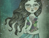 Fantasy Art Flower Fairy Illustration, Nursery Wall Art, Girls Room Decor, Fine Art Print - Flower the Midnight Goddess by Amalia K