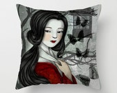 Soft Woven Poplin Pillow Cover (with pillow insert), Printed with Japanese Geisha Illustration, Artistic Oriental Ethnic Home Decor