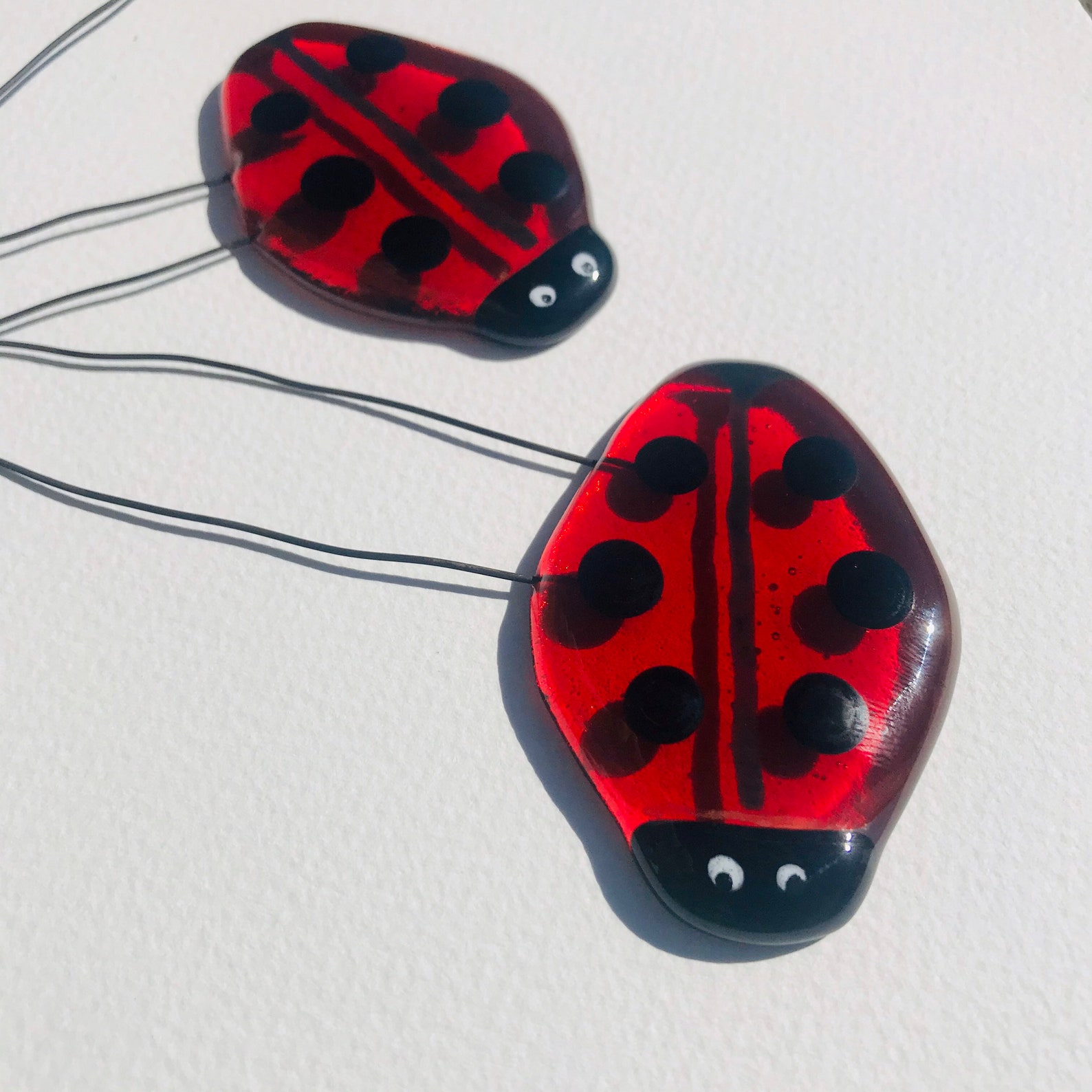Handmade fused glass Ladybird ladybug Plant pot stake garden Etsy