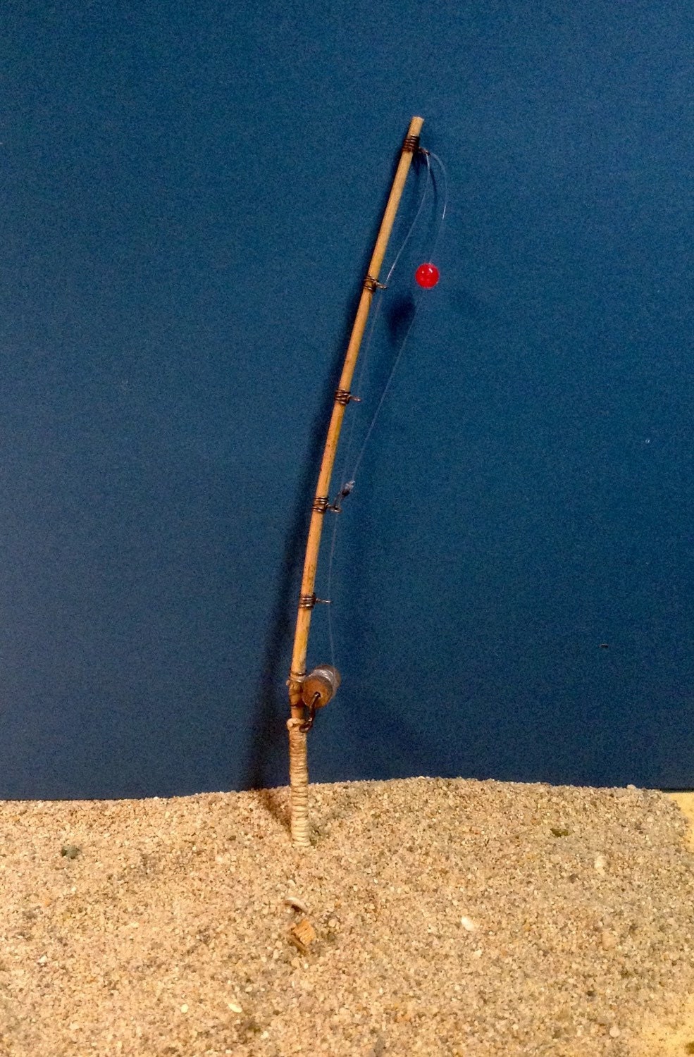 1:12 Miniature Wooden Fish Pole Hook Reel Sport Fishing Rod