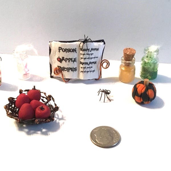Miniature Witch’s Lot Potion Cookbook Apples Jars Black Widow Spiders 1:12 Dollhouse Diorama Halloween Spell Book