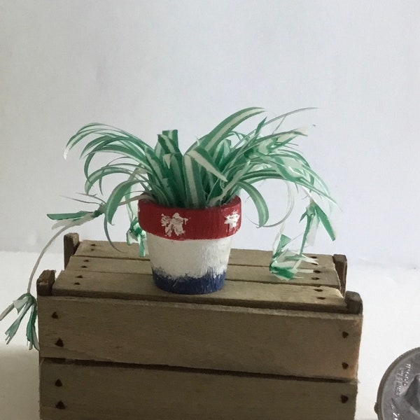 1:12 Miniature Spider Plant in Red White & Blue  Painted Wood Pot Handmade Dollhouse Diorama Room Box Plant