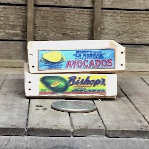 2 Miniature Avocado Crates 1:12 Scale Handmade Wood Boxes with Vintage Avocado Labels Dollhouse Diorama Crates Room Box
