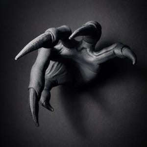 Pode incluir: Uma escultura preto fosco de uma mão com garras, dedos alongados e afiados e pele texturizada. A mão está em uma pose de agarre com nós dos dedos proeminentes e tendões definidos, renderizada em um tom cinza escuro monocromático.