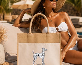 Inspirational Dog Illustration Large Tote Bag, Beach Summer Jute Tote Bag, Coastal Dog Bag, Vacation Beach Tote, Minimalist Seaside Shopper