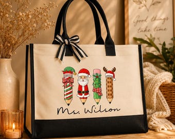 Personalized Teacher Christmas Tote Bag, Custom Teacher Name Bag, Christmas Pencil Tote, Teacher Gift, Holiday School Bag