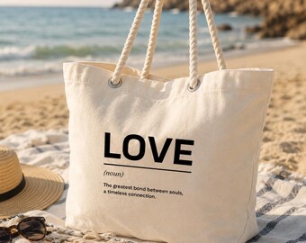 LOVE Definition Cotton Beach Tote Bag, Coastal Summer Bag, 25L Rope Handle Tote, Romantic Gift for Her, Beach Vacation Carryall