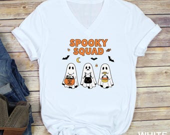 Spooky Squad Graphic T-Shirt – Fun Cartoon Ghosts Design for Unisex & Women's V-Neck Styles