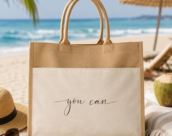Minimal Motivational Canvas Tote Bag - "You Can" Inspirational Aesthetic Beach Bag with Eco-Friendly Reusable Design