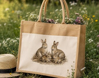 Vintage Bunny Family Tote Bag – Beige Canvas with Rabbit Illustration & Outside Pocket