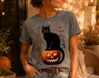 Vintage Halloween Black Cat Shirt, Pumpkin Cat T-Shirt, Trick or Treat Tee, Gothic Halloween Shirt, Spooky Season Gift