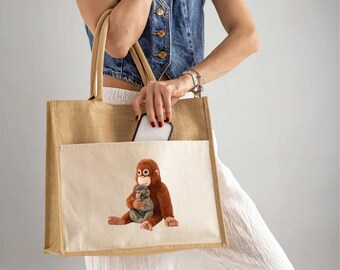 Vintage Monkey and Baby Orangutan Canvas Tote Bag, Eco Friendly Art Shopper