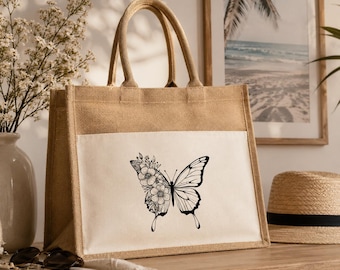 Floral Butterfly Jute Tote Bag, Nature Inspired Market Bag, Reusable Beach Tote, Botanical Canvas Shoulder Bag, Eco Friendly Gift for Her