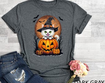 Halloween Cat Graphic T-Shirt - Spooky Pumpkin Design, Colorful Options for Unisex & Women's V-Neck