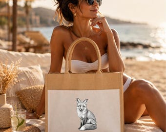 Fox Jute Tote Bag, Woodland Fox Canvas Market Bag, Rustic Nature Tote, Reusable Beach Shopping Bag, Forest Animal Gift for Her