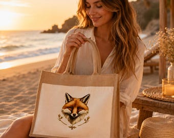 Fox Jute Tote Bag, Woodland Fox Market Bag, Rustic Beach Tote, Nature Lover Shopping Bag, Eco Friendly Gift, Large Reusable Grocery Tote