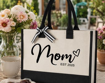 Custom 'Mom Est 2025' Tote Bag - Stylish Personalized Mother's Day Gift, Baby Shower Gift, Mom Beach Tote, Bulk Order Available