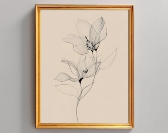 Botanical Line Art Flower Print, Abstract Floral Illustration, Minimalist Wall Art, Neutral Home Decor Poster, Modern Digital Download
