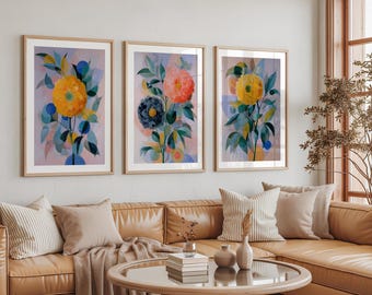 Abstract Floral Wall Art Set of 3, Modern Botanical Triptych Print, Colorful Contemporary Flowers, Large Living Room Art, Minimal Elegant