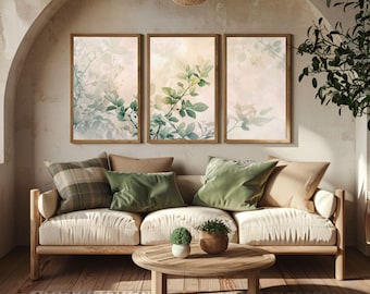 Minimalist Botanical Prints,Three Piece Wall Art, Set 3 Piece Wall Decor, Neutral Leaf Triptych, Modern Plant Artwork for Living Room