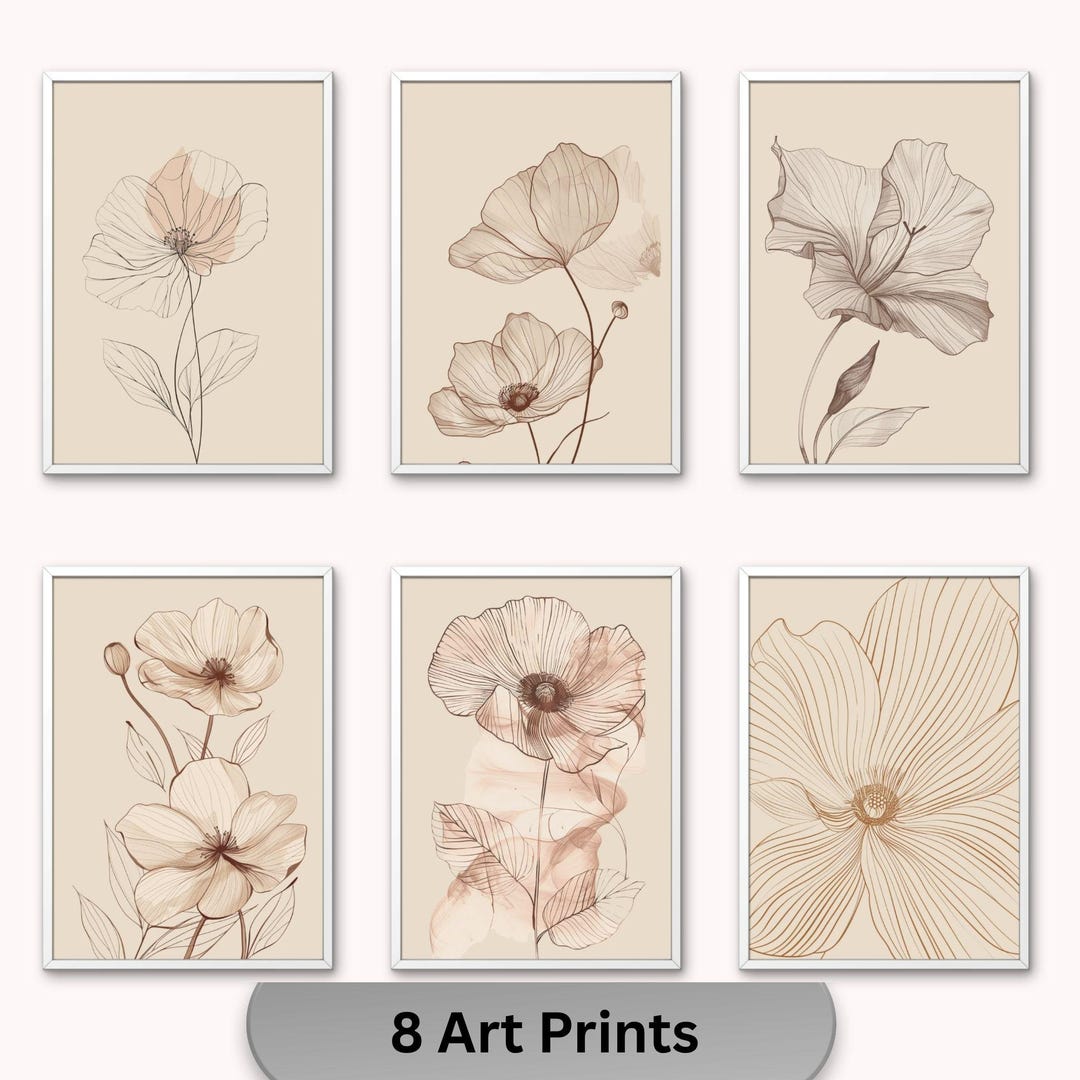 Neutral Botanical Line Art Prints Set of 6 Beige Minimalist Floral Wall ...