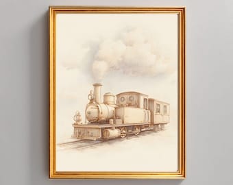 Vintage Train Wall Art, Watercolor Locomotive Print, Nursery Transportation Decor, Printable Train Illustration, Kids Bedroom Artwork