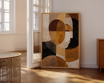 Ritratto di volto astratto, dipinto di figure geometriche moderne, stampa artistica nei toni caldi della terra, arredamento contemporaneo in stile metà secolo