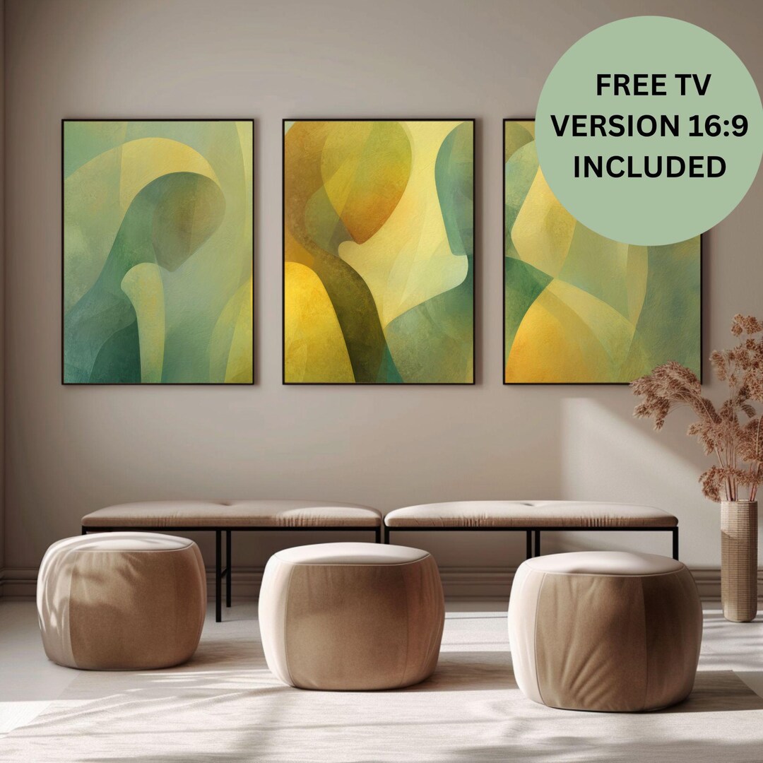Abstract Figurative Triptych Wall Art Set of 3 Olive Green Mid Century ...